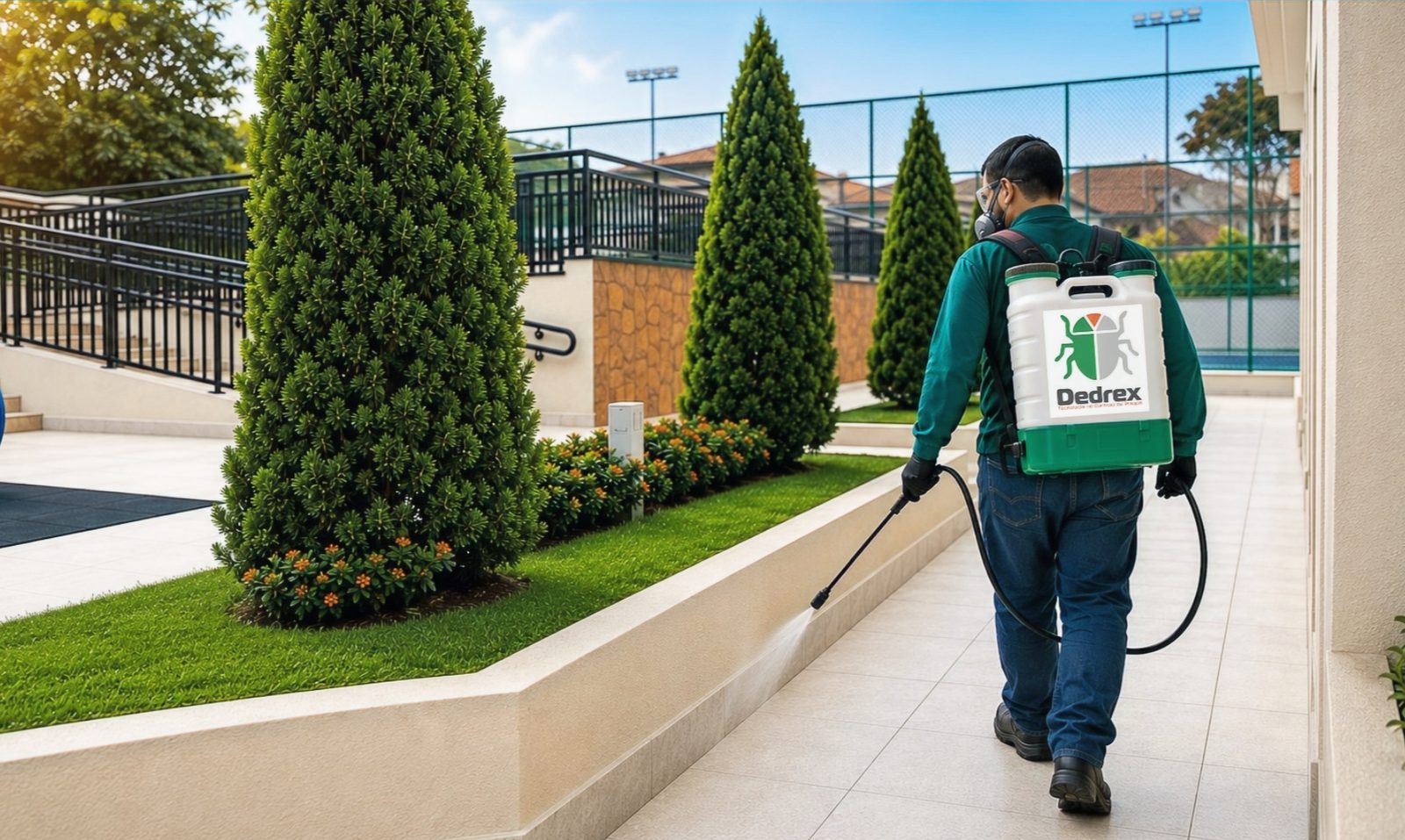 Técnico da Dedrex aplicando tratamento em área externa de condomínio