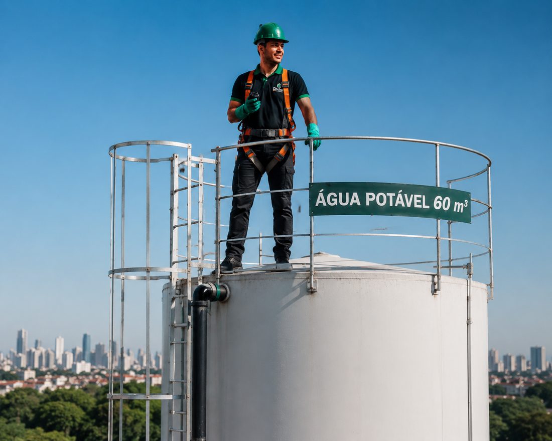Profissional da Dedrex no alto de reservatório de água potável