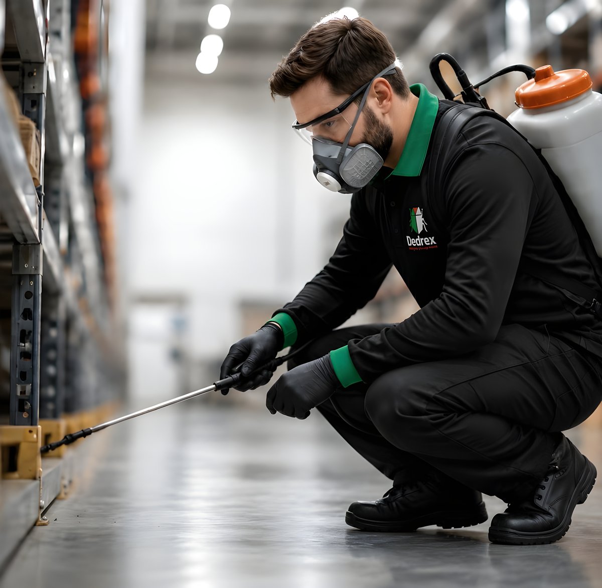 Técnico da Dedrex aplicando tratamento contra insetos em galpão
