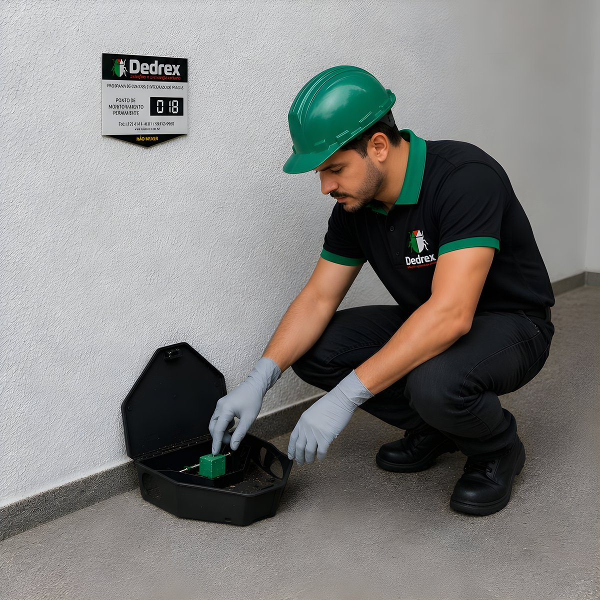 Técnico da Dedrex com capacete verde colocando isca na caixa porta-isca de monitoramento de roedores