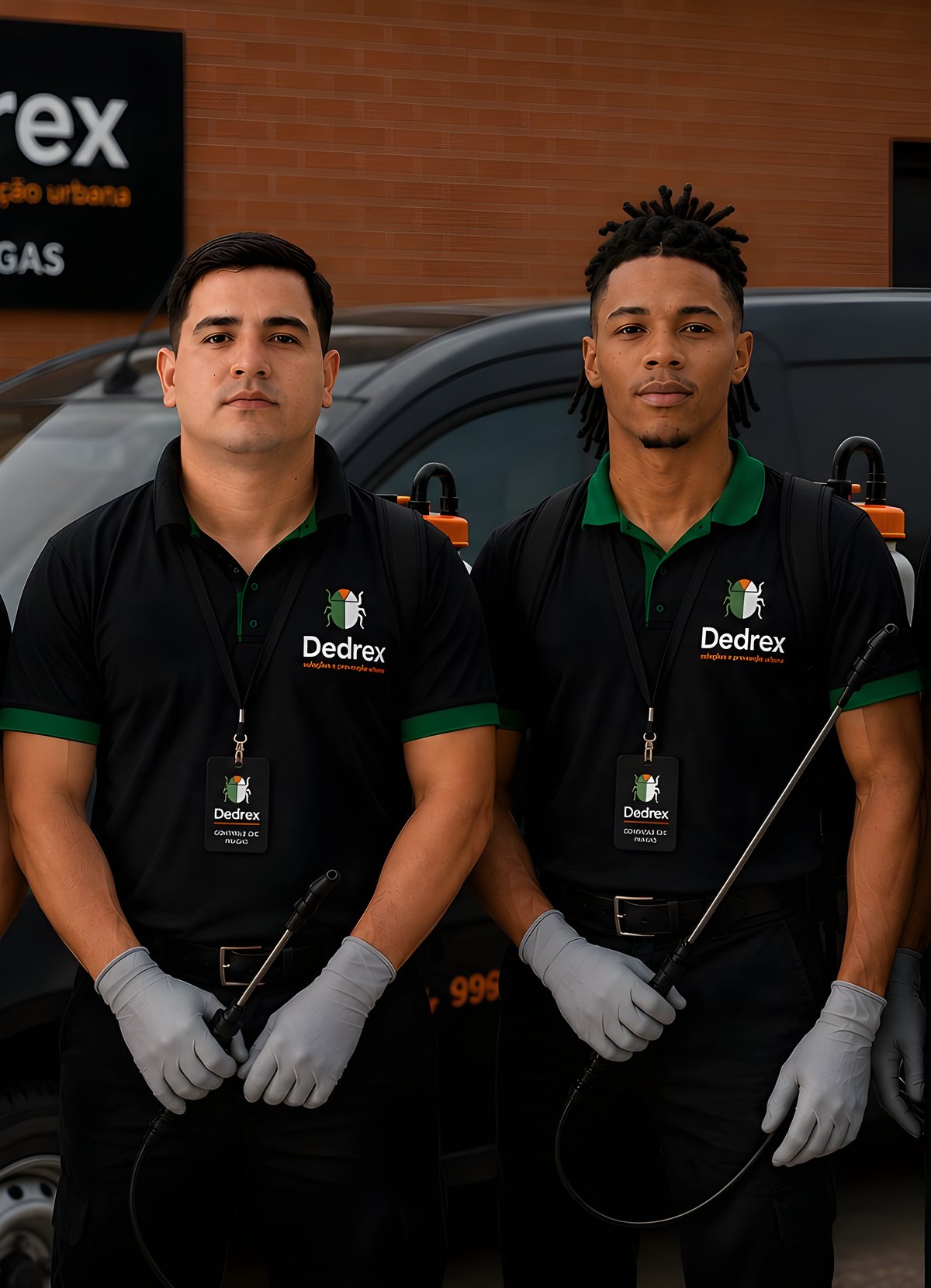 Técnicos da Dedrex uniformizados com equipamento de aplicação