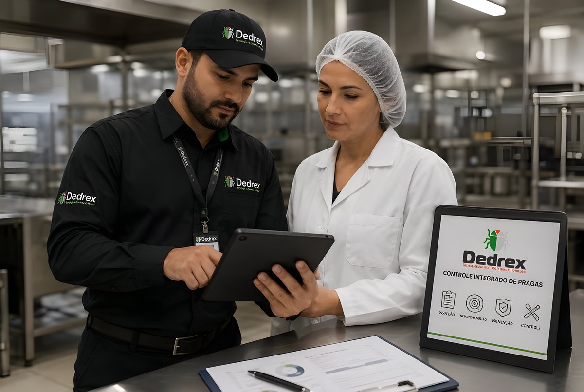 Técnico da Dedrex apresentando relatório de manejo integrado em cozinha industrial
